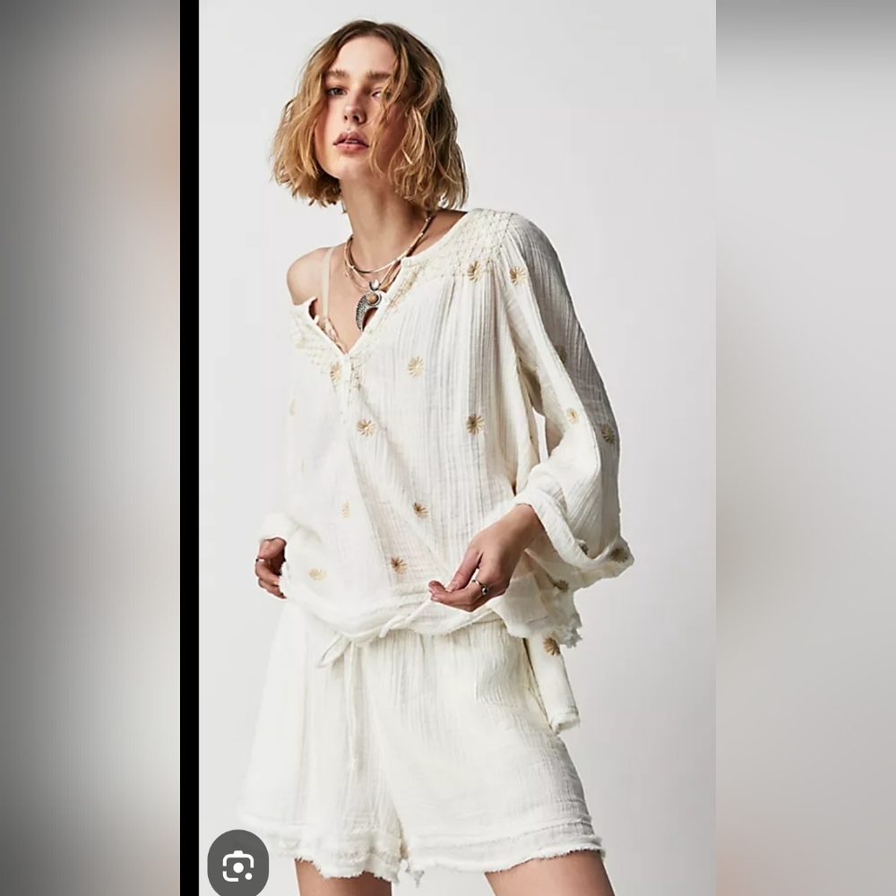 Free People Cream Gauze Peasant Blouse with Gold Embroidery